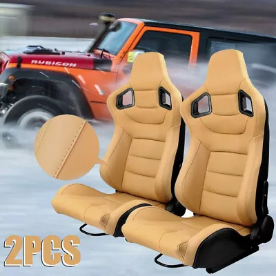 1Pair Universal Racing Seats Reclinable Bucket Seats Faux Leather W/ Sliders Tan • $403.19