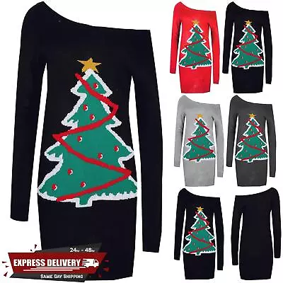 Womens Ladies Christmas Tree Off Shoulder Bardot Long Sleeve Knit Jumper Dress • £16.19