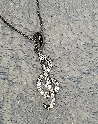Treble Clef Silver Tone Rhinestone 1  Pendant Necklace • $9.95