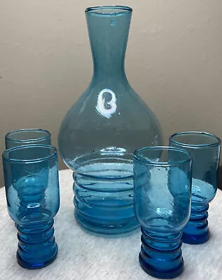 Vintage Art Glass Aqua Blue Decanter Set Handmade Blown 4 Matching Glasses • $32.02