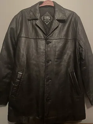 Vintage 90s Ecko Unltd Black Leather Lamskin Insulated Trench Coat Mens Size L • $99.99