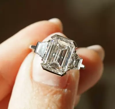 Bezel Set Emerald Cut Moissanite Ring 4 Ctw Three Stone Wedding Engagement Ring • $167