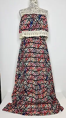 $19.99 • Buy Belcci 6-8 Women's Dress Bright Geo Boho Gypsy Strapless Lace Trim Maxi