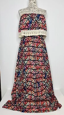 Belcci 6-8 Women's Dress Bright Geo Boho Gypsy Strapless Lace Trim Maxi • $11.99