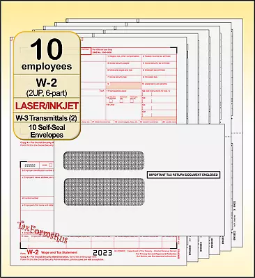 2023 IRS TAX FORMS KIT:: W-2 Wage Stmts 6-pt LASER 10 Employees+Envelopes+(2)W-3 • $16.90