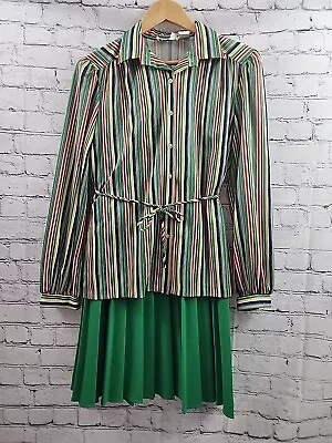 Secretary Outfit Suit 1970s 2pc Top/Pleated Skirt Green Stripe • $49.95