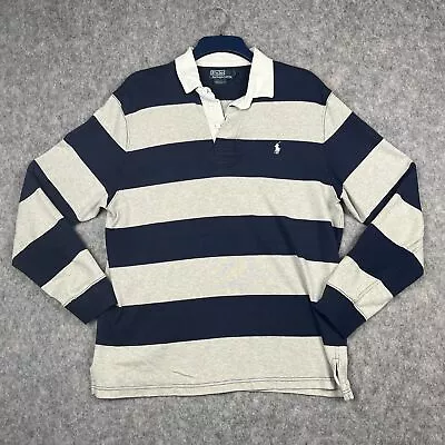 Polo Ralph Lauren Shirt Mens Large Rugby Striped Long Sleeve Polo Top Grey Navy • £37.95