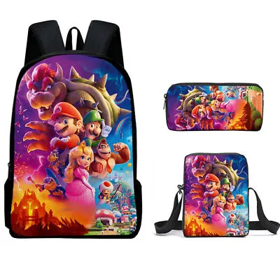 3Pcs/Set Super Mario Bros Movie Rucksack Kids Backpack Pencil Case Shoulder Bag • £19.69