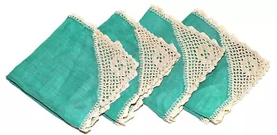Set Of 4 Vintage Shabby Granny Cottage Chic Green Crochet Edge Napkins 8” Square • $10.99