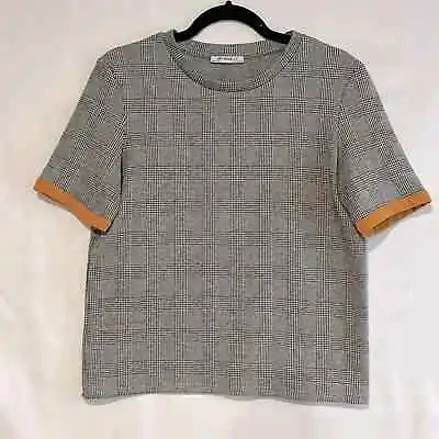 Zara Traf - Women’s T-shirt Black & White Houndstooth Plaid Mustard Top Size M • $16