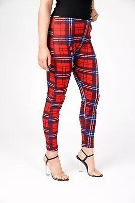 Red Tartan Leggings Depot High Waist Premium Casual Plaid Skinny Stretchy Work  • £10.74