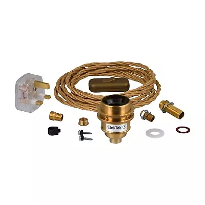 ElekTek Premium Lamp Kit E27 ES Holder Shade Ring Flex Switch UK Plug DIY Brass • £30.48