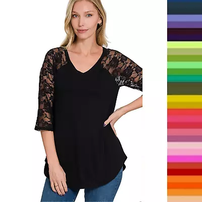 Zenana Women's V-Neck Lace 3/4 Sleeve Round Hem Blouse Top Tunic S-3X • $9.85