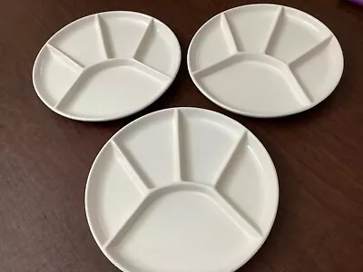 3 Vintage Ceramic Fondue Plates White Glazed 5 Sections USA 925  • $19.99