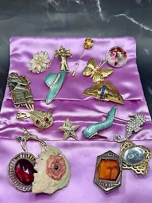 Vintage To Now Estate Brooch Lot Of 16 Comes With Silk Jewelry Bag • $15