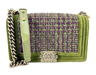 Authentic CHANEL Boy Flap Velvet And Tweed Green Shoulder Bag • $4595