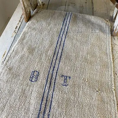 Monogrammed Blue Stripe Grain Sack Linen Fabric Feed Bag Pillow Sack Grainsack  • $140