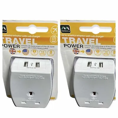 Pack Of 2 Masterplug UK To USA And Canada Travel Adaptor With 2 USB Ports White  • £12.99