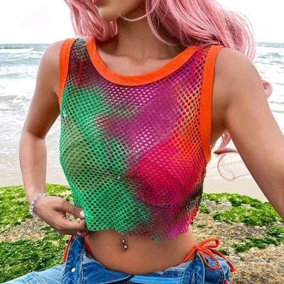 £9.95 • Buy Womens Size 14-16 UK Tie Dye Fishnet Crop Tank Top T-Shirt New L Hippie Y2K 70s