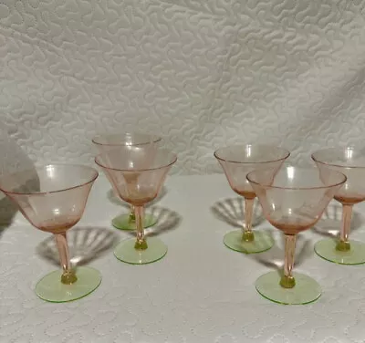 Vintage Depression Watermelon Pink W/Green Base Sherbet Glasses • $120