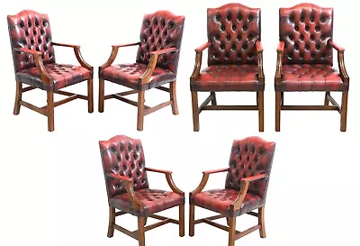 Armchairs Red Leather English Six GainsBorough Style Nailhead Trim 20th C! • $3655