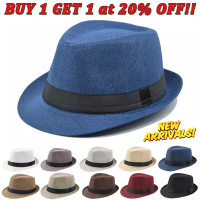 Unisex Men Women Summer Beach Sun Hat Jazz Panama Trilby Fedora Hat Gangster Cap • £4.30