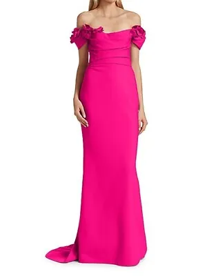 2022 MARCHESA Ruched Floral Pink Off The Shoulder Long Maxi Gown Dress US 4 • $1211.83
