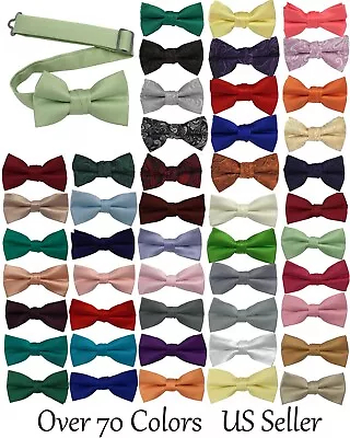 Boys Bow Tie Quality Clip On Adjustable Neck Band Satin Solid Pattern Colors • $6.49