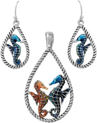 Sealife Theme Multi Color Seahorse Teardrop Pendant And Earrings Set For Women • $18.95