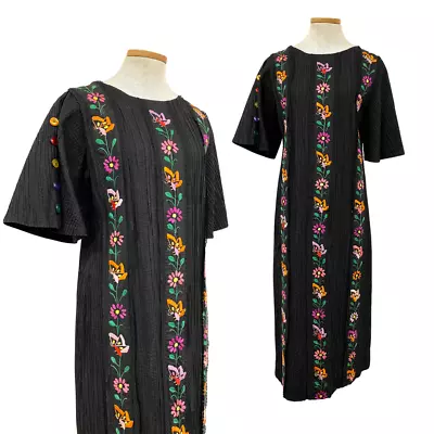 Vtg 60s 1960s Wedding Black Rainbow Embroidered Mexican Pintuck Maxi Dress • $220