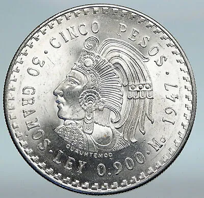 1947 MEXICO Aztec Chieftain CUAUHTEMOC Eagle Genuine Silver 5 Peso Coin I89658 • $313.65