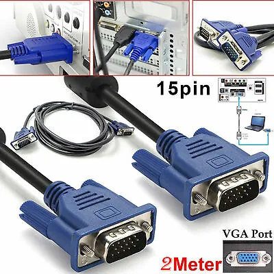 £3.65 • Buy 2 Meter Vga Svga Cable 15 Pin Male To Male Video Tv Lcd Pc Monitor Adapter Lead
