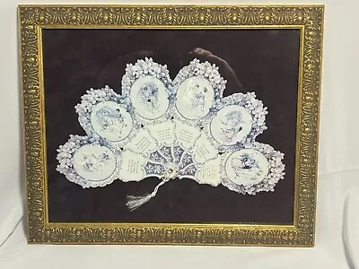 Framed Mounted Maud Humphrey Collapsible Fan Blue/White On Purple Mat 16x13 • $24.95