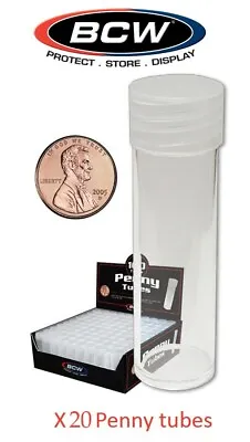 20 BCW Round Tubes For Penny Cents Coins Clear Plastic Cent Storage Screw On Cap • $11.86