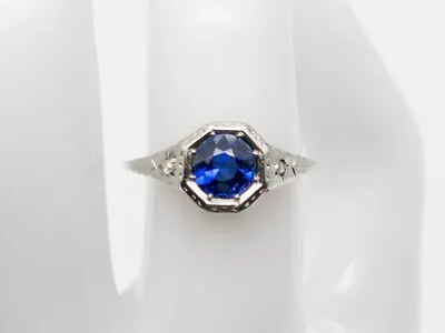 Antique 1900s 1ct BLUE Sapphire Diamond 18k Yellow Gold Platinum Filigree Ring • $650