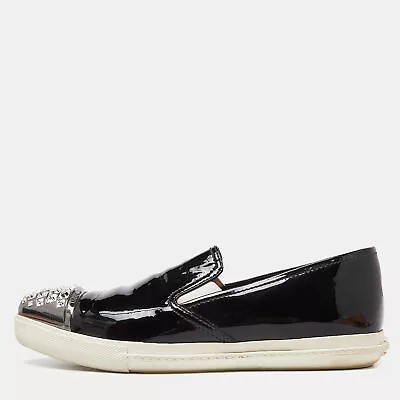 Miu Miu Black Patent Leather Crystals Embellished Slip On Loafers Size 38 • $210