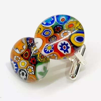 SOMA LINK 'Primary' New Unique Round Glass & Silver Murano Millefiori Cufflinks • £17.50