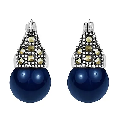 Elegant Crowned Dark Blue Pearl And Marcasite Sterling Silver Dangle Earrings • $19.18