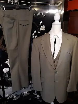 VTG 60s 70s Mens Western 3 Piece Suit 40 Reg 36W X 30L Beige With Bolo Tie VLV • $90