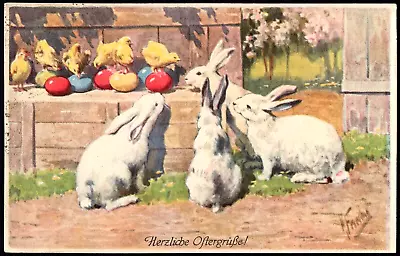 Easter B. K. W. I. Bunny Rabbits Chicks Colored Eggs Mailed 1914 Antique Pc • $6.99