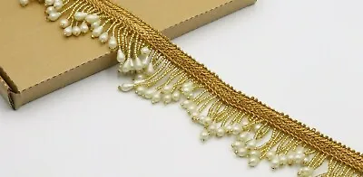 £7.42 • Buy Gold Bead Fringe Bridal Saree Tassel Sewon Trim Curtain Edge Lace 2 Inc 1 X Yard
