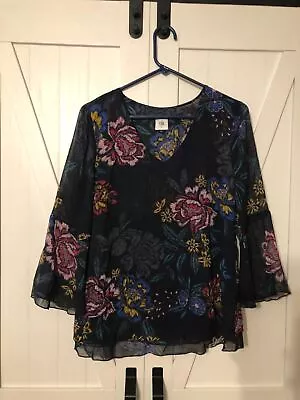 Cabi Top Shirt Top Blouse Womens Size Medium Floral Sheer 3/4 Sleeve Black Pink • $29.99