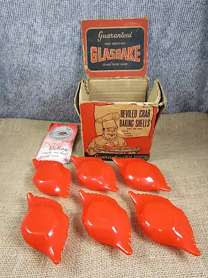 McKee Glasbake Crab Baking Shell Dishes- Red Box Of 6 Antique 1950s • $64.99