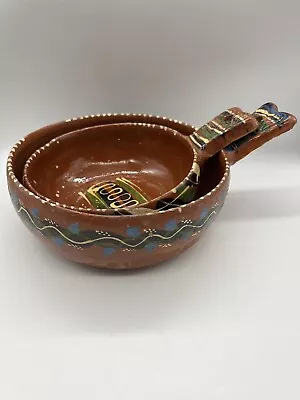 Vintage Handcrafted Red Clay Pottery Bowls W/Handles Made In Mexico; Set Of 2 • $19.99