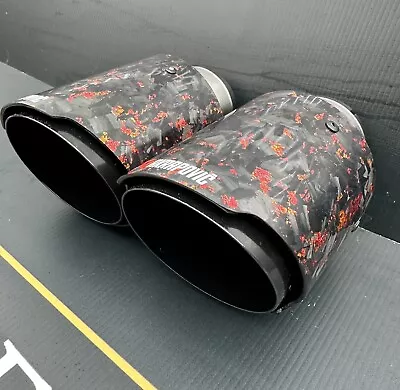 2 X Gloss Black & Red Forged Carbon Fibre Akrapovic Exhaust Tips 4” Universal • £114.95