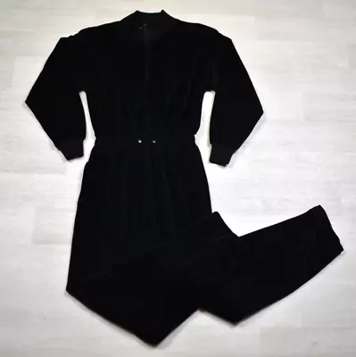 80s Geoffrey Hunter Petites Velour Jumpsuit Black Long Sleeve VTG Petite Medium • $22.41