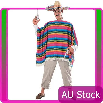Mens Rubies Spanish Mexican Poncho Serape Halloween Costume Hat Fancy Dress • £29.86