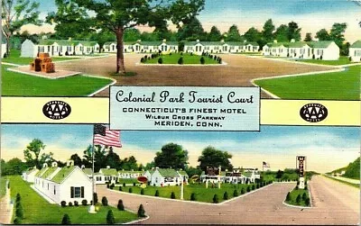 Postcard~Meridan Conn.~Colonial Park Tourist Court Motel~Wilbur Cross Parkway • $6.75