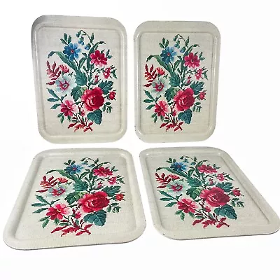 Vintage Floral TV Lap Trays Set Of 4 Metal Needlepoint Cottage Country Farmhouse • $74.99