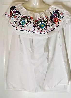 Mexican Peasant Blouse Hand Embroidered Top Colors NWT Cotton White M • $9